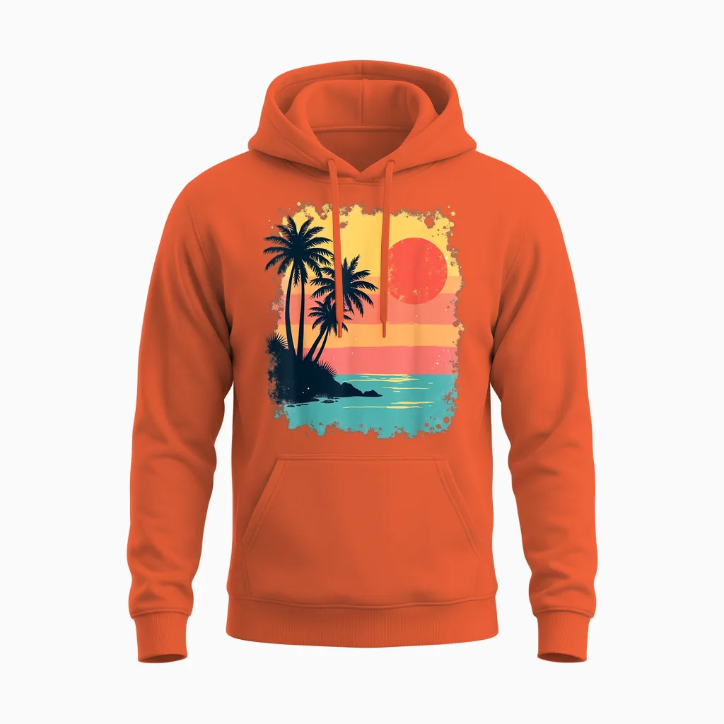 Vintage Gift Beach Palmers Sunset Sea Summer Summer Unisex Hoodie in Orange
