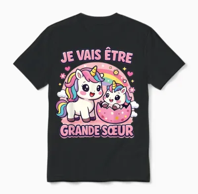 Je Vais être Grande Sœur Licorne Cadeau Annonce Grossesse Unisex T-Shirt - Black