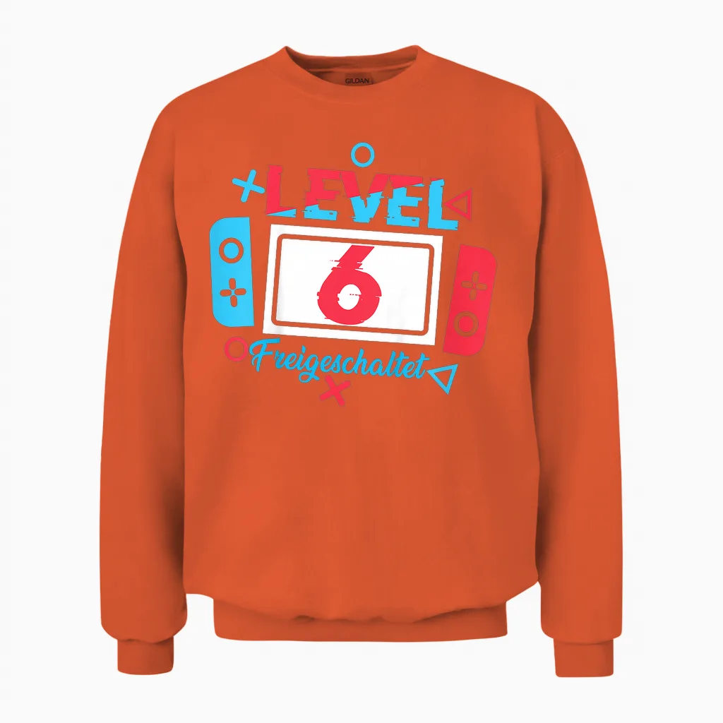 Children's Level 6 Birthday Shirt Boy 6 Years Old Video Games T-Shirt, Black Unisex Sweatshirt in Orange
