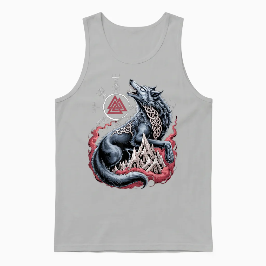 Fenrir Viking Wolf β Valknut Nordic Vegvisir Celtic Compass Unisex Tank Top in Ash