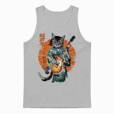 T-Shirt Graphique Amusant Avec Chat Jouant De La Guitare Pour Homme Et Femme Unisex Tank Top - Ash