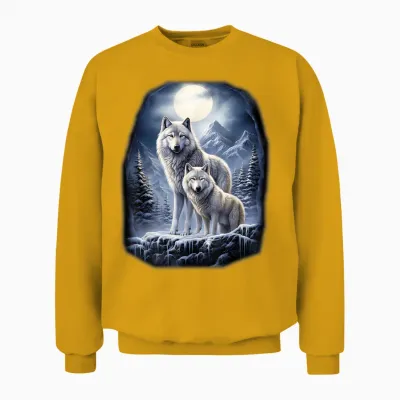 2 Wölfe Auf Eisigem Hügel in Den Bergen Vor Dem Mond Unisex Sweatshirt - Gold