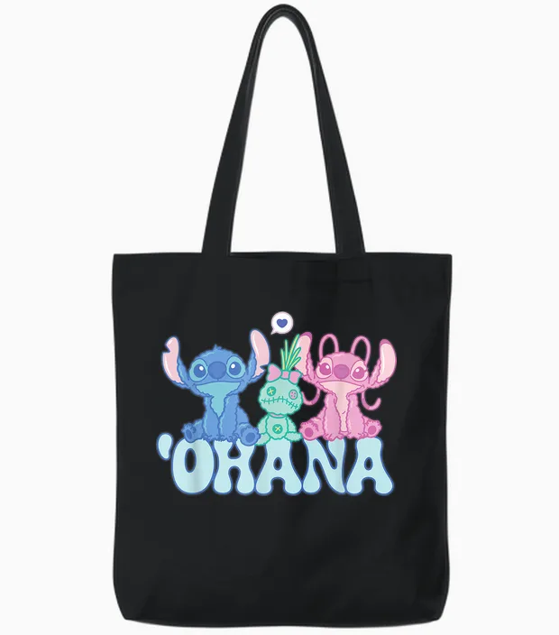 Disney Stitch with Angel & Scrump Fluffy Cute 'ohana Tote Bags in Black