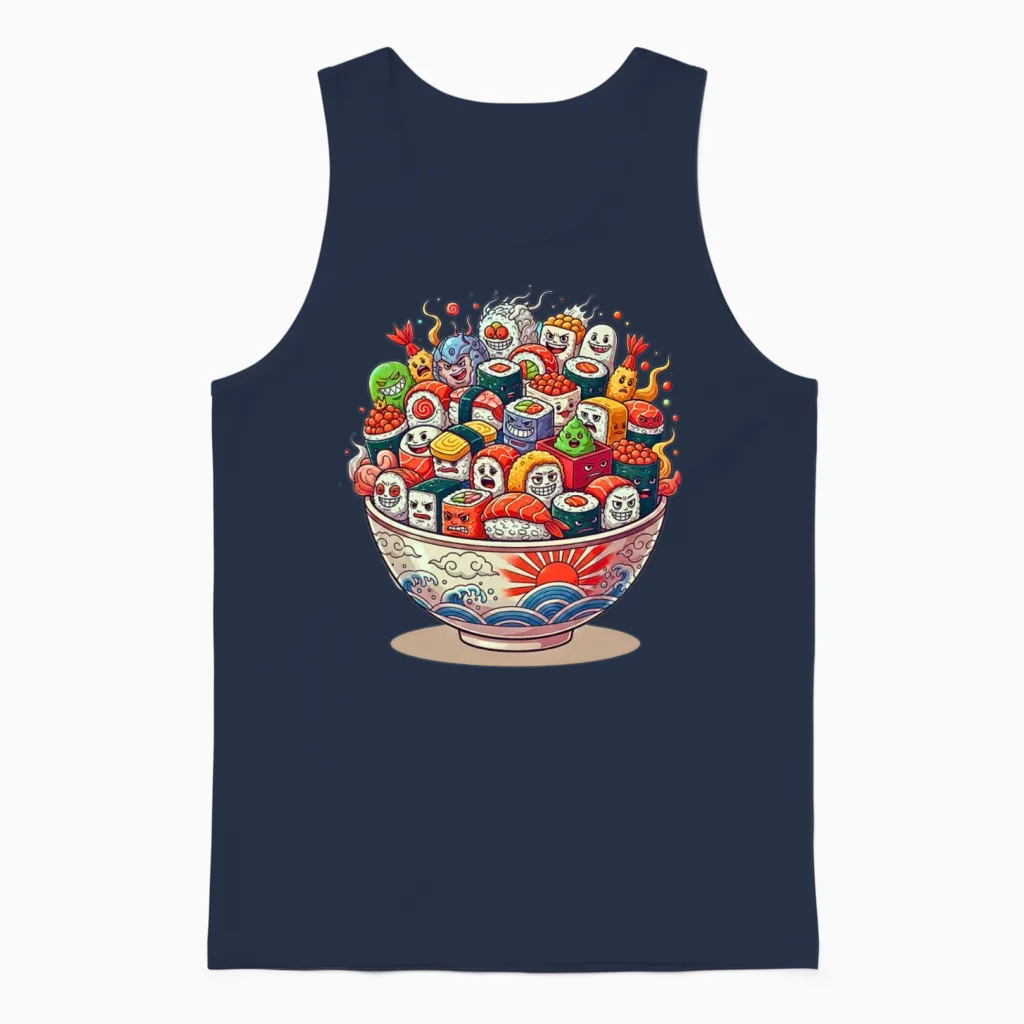 Kawaii Sushi Bowl Cartoon Parade Unisex Tank Top in Navy