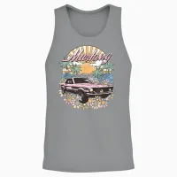 Ford – Vintage Pink Mustang Floral Beach Sunset Palm Trees T-Shirt, White, S Unisex Tank Top in Sport Grey - 2