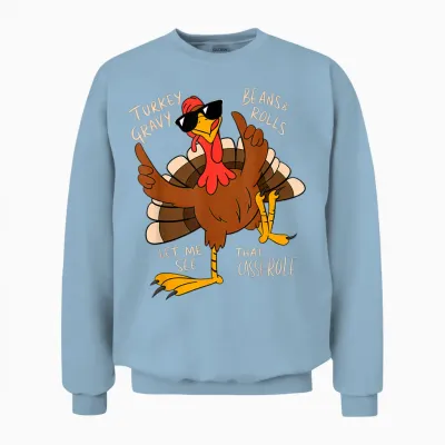 Turkey Gravy Beans and Rolls Casserole Funny Thanksgiving Unisex Sweatshirt - Light Blue