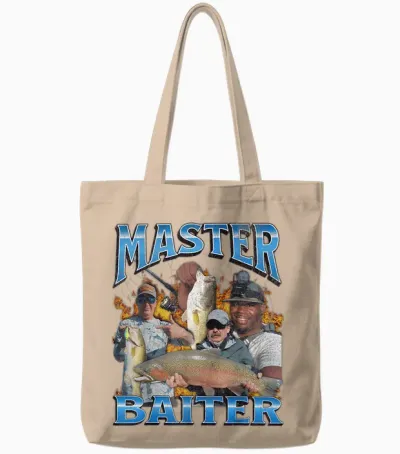 Master Baiter Funny Fishing Meme Pun Bootleg Graphic 90s T-Shirt, Black Tote Bags - Natural