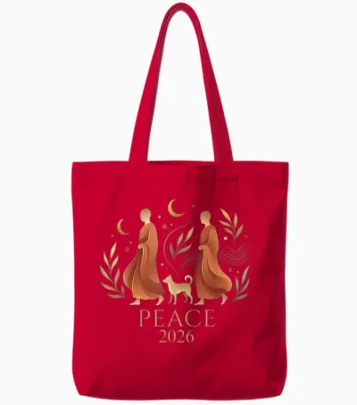 Walk Peace 2026 World Peace Monks with Aloka Dog Spiritual Tote Bags - Red