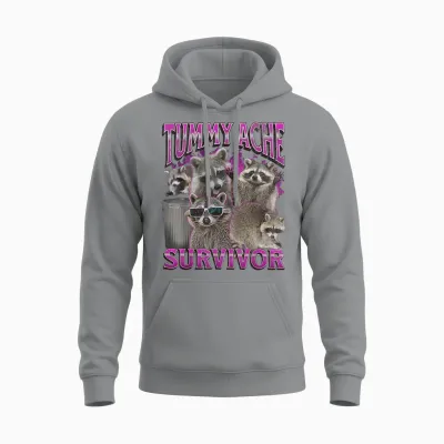 Tummy Ache Survivor Funny Raccoon Meme Bootleg Graphic 90s T-Shirt, Black Unisex Hoodie - Sport Grey