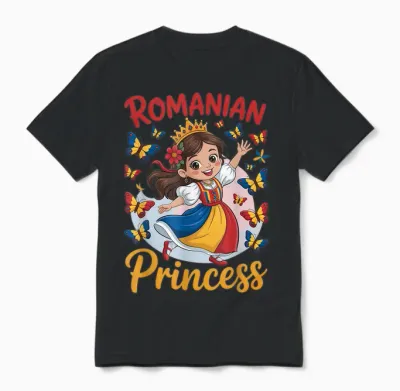 Romanian Princess Cute Girl with Crown for Girls Unisex T-Shirt - Black