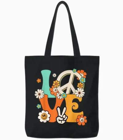 Peace Sign Love T Shirt 60s 70s Tie Dye Hippie Costume Tote Bags - Black