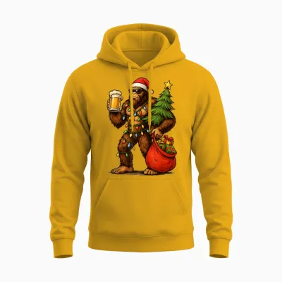 Funny Big Foot Santa Hat Drink Christmas Tree Xmas Men Unisex Hoodie - Gold