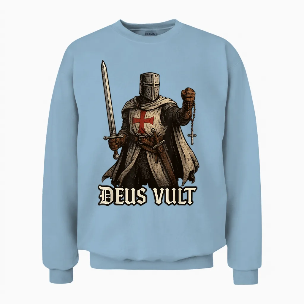 Deus Vult Catholic Knight Templar Crusader Unisex Sweatshirt in Light Blue