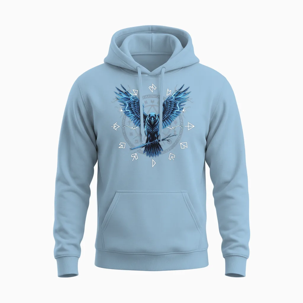 Walhalla Viking Odins Ravens Nordic Mythology Odin T-Shirt, Black Unisex Hoodie in Light Blue