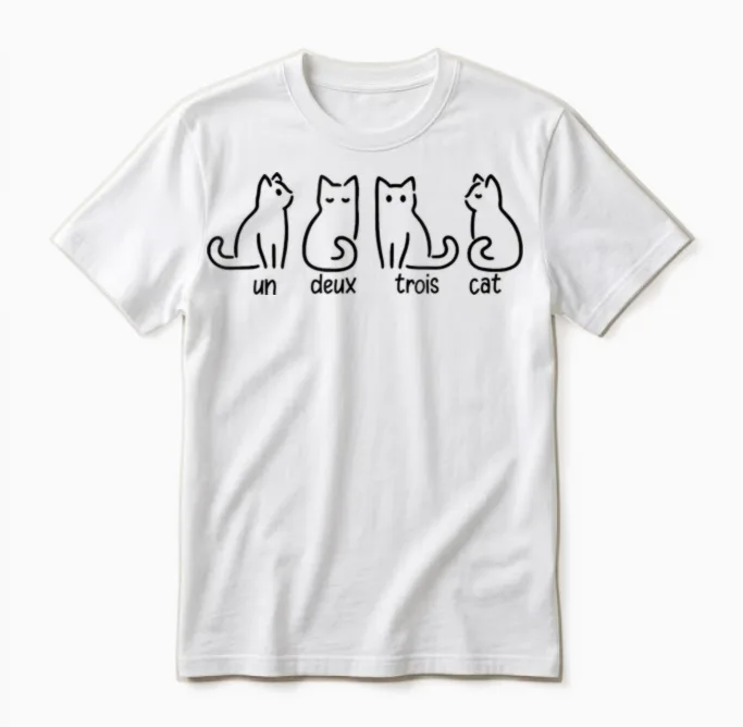 Un Deux Trois Cat T-Shirt, White Unisex T-Shirt in White
