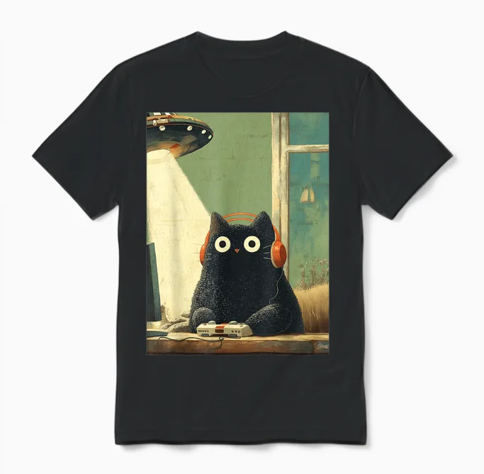 Japanische Schwarze Gamer Cat Videospiele Abduktion Ufo Space Unisex T-Shirt in Black