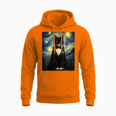 Tuxedo Cat Starry Night Van Gogh Inspired Painting Black Cat Unisex Hoodie - Safety Orange
