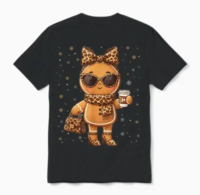 Cute Gingerbread Leopard Christmas Xmas Girl Women Unisex T-Shirt - Black