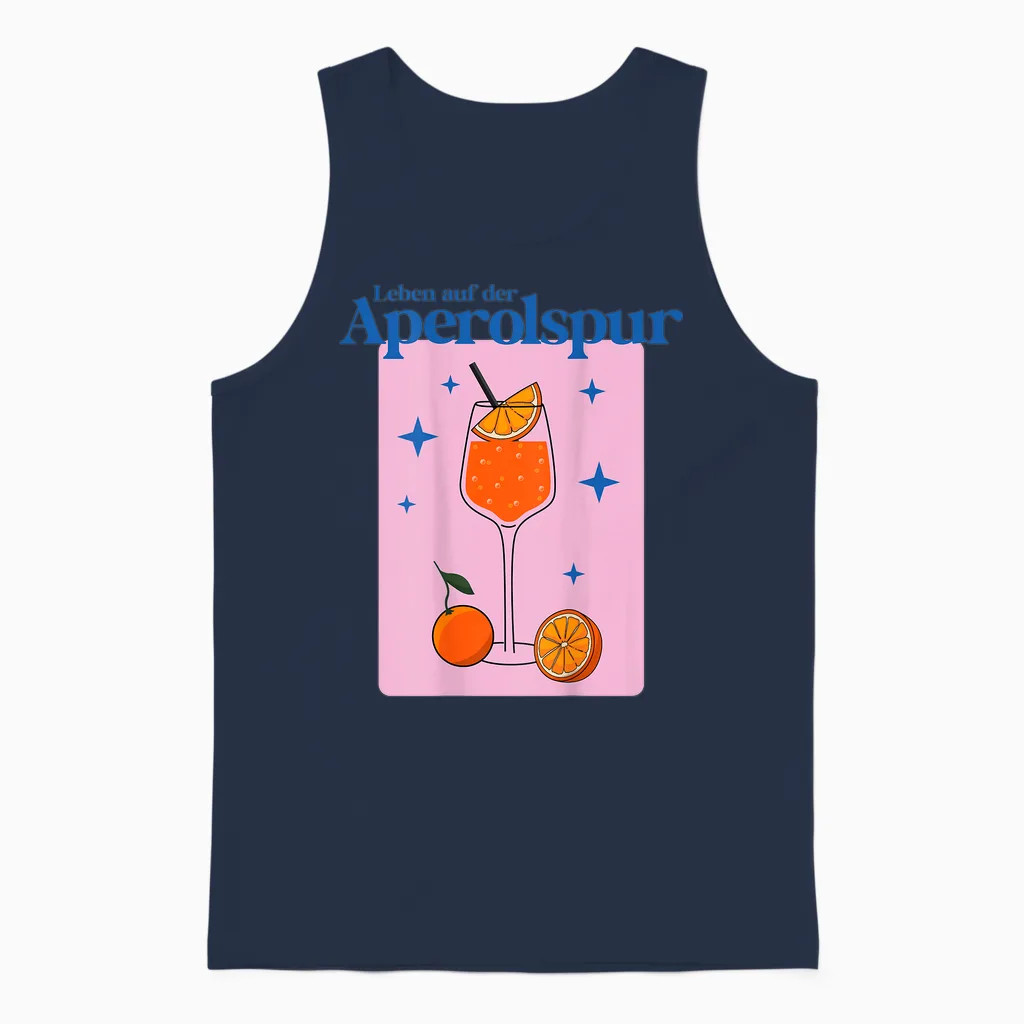 T-Shirt with German Text "leben Auf Der Aperolspur - Hallöchen Aperölchen Spritz Stars", White Unisex Tank Top in Navy