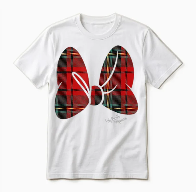 Disney Minnie Mouse Flannel Plaid Pattern Classic Bow Unisex T-Shirt in White