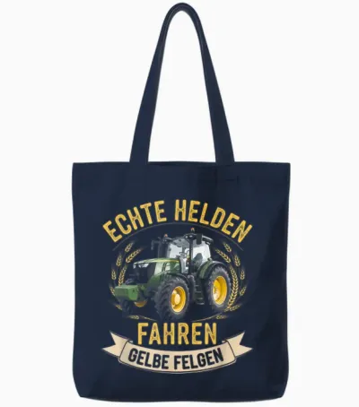 T-Shirt with German Text "echte Helden Fahren", Yellow Rim, Black, S Tote Bags - Navy
