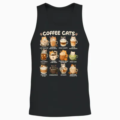Kawaii Coffee Cats Cappuccino, Niedliches Katzen-Café-Design, Anime-Design Unisex Tank Top - Black
