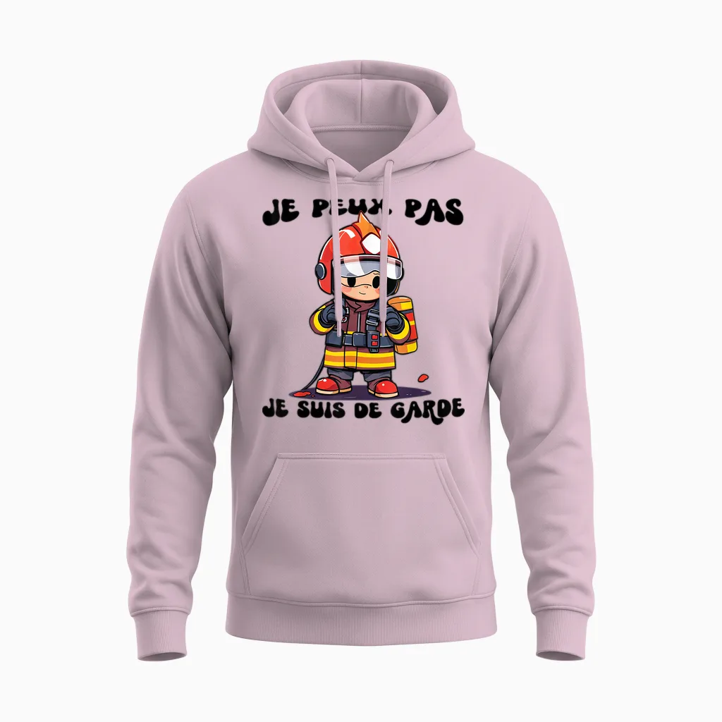 Je Peux Pas Je Suis De Garde Firefighters Gift Humour Fireman T-Shirt, White, S Unisex Hoodie in Light Pink