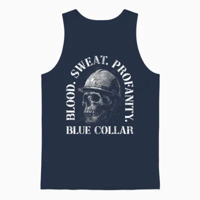 Blood Sweat Profanity Construction Worker Skull Blue Collar Unisex Tank Top - Navy