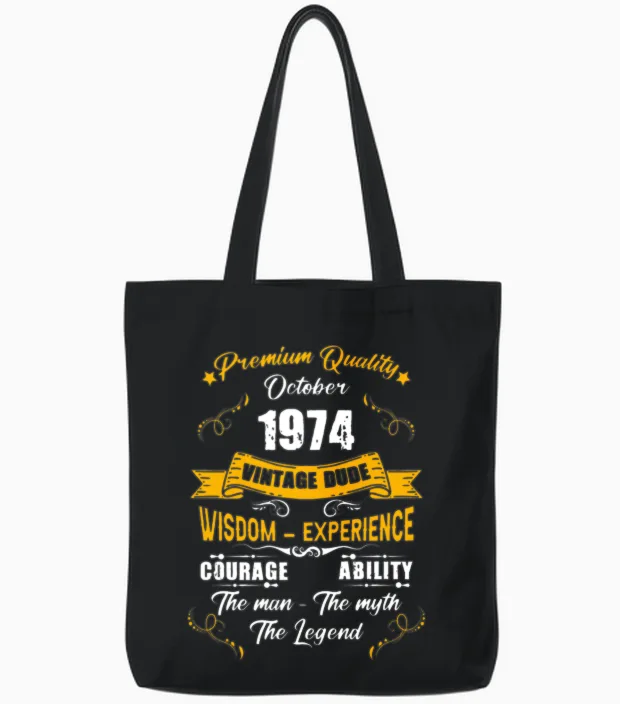 October 1974 Vintage Birthday Present Tote Bags in Black