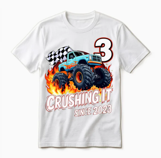 Kids 3rd Birthday Monster Truck 3 Year Old Boys Born 2023 Unisex T-Shirt in White