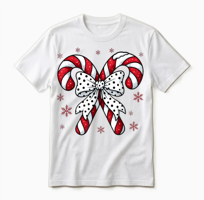 Candy Cane Christmas Season Girls Womens Retro Coquette Bow Unisex T-Shirt in White