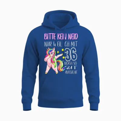 T-Shirt with German Text "bitte Kein Neid Gut Aussehe 36 Years Unicorn 36th Birthday T-Shirt, Black Unisex Hoodie - Royal
