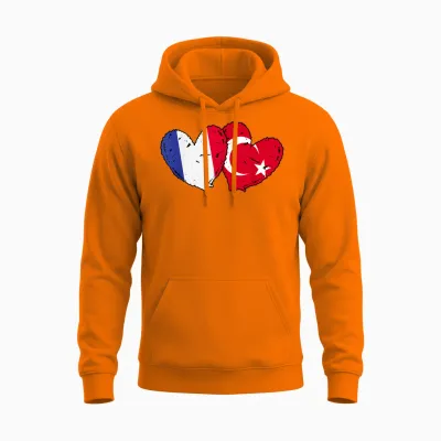 Flag of France Turkey Heart Türkiye French Turkish Friendship Unisex Hoodie - Safety Orange