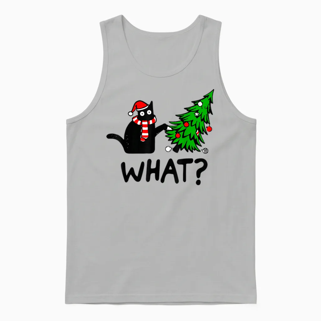 Funny Black Cat Gift Pushing Christmas Tree Over Cat What? T-Shirt Small Unisex Tank Top in Ash