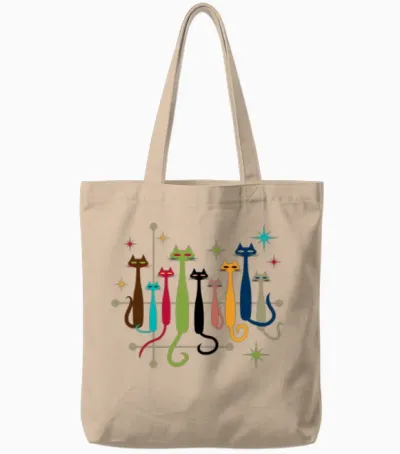 Mid-Century Modern Look Cats 50s 60s Style Tote Bags - Natural