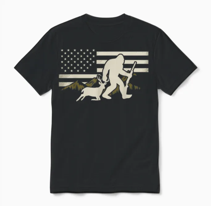 Bigfoot Deer Hunting Usa Flag Deer Hunting Buck Season Unisex T-Shirt in Black