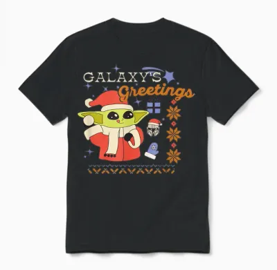Amazon Essentials Men's the Mandalorian Grogu Christmas Holiday Galaxy's Greetings T-Shirt, Black Graphic Print, Small Unisex T-Shirt - Black