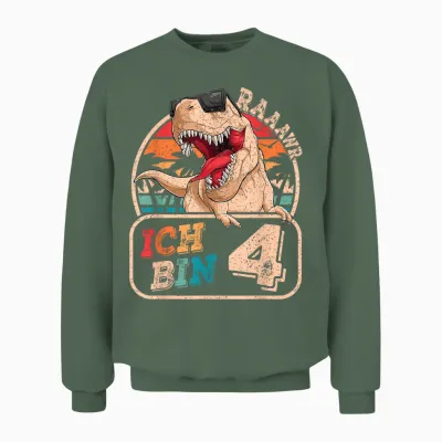Ich Bin 4 Dinosaur 4 Years Dino 4th Birthday Boy Party T-Shirt, Black Unisex Sweatshirt - Military Green