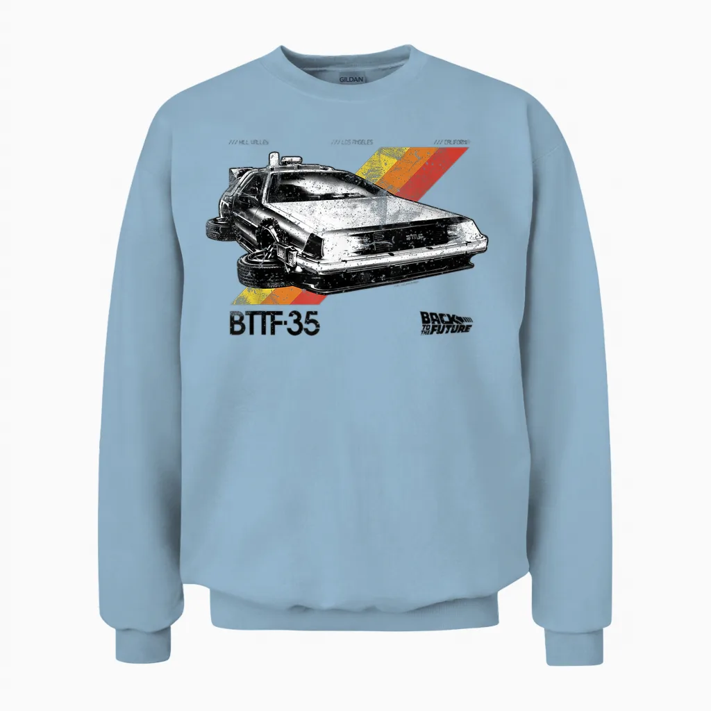 Back to the Future, 35th Edition of Retro Stripe Delorean Unisex Sweatshirt in Light Blue
