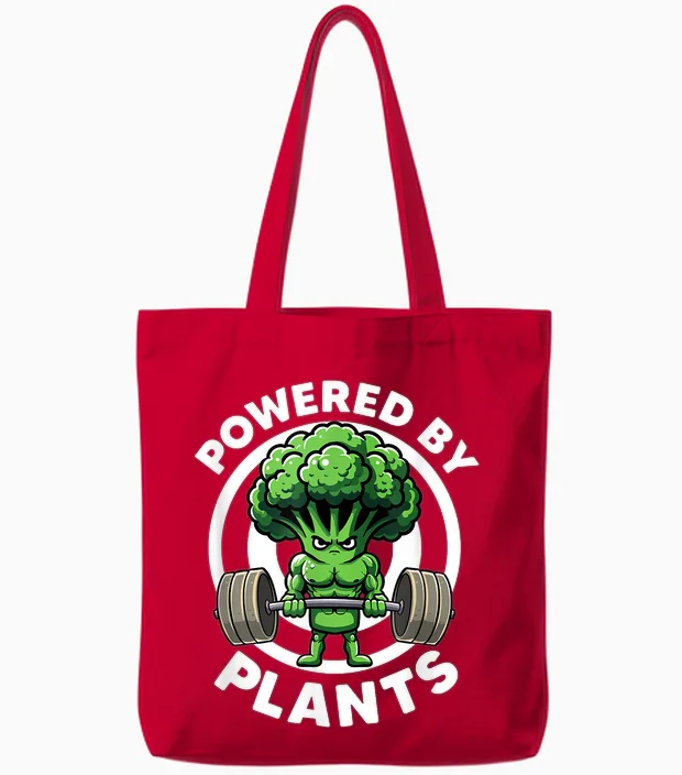 Powered by Plants Vegan Athlete Vegan Gym Vegan Bodybuilding T-Shirt, Black, S Tote Bags in Red