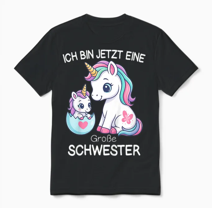 Girls' Unicorn T-Shirt with German Text "ich Bin Jetzt Eine Große Schwester [ Unisex T-Shirt in Black