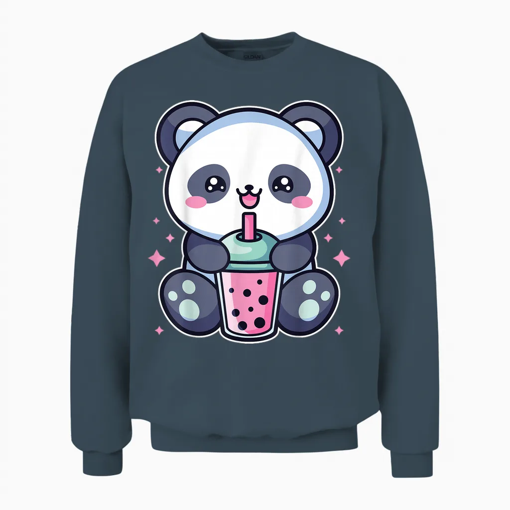 Panda Drinks Bubble Boba Tea Anime Manga Kawaii Outfit for Girls T-Shirt, White, S Unisex Sweatshirt in Dark Heather