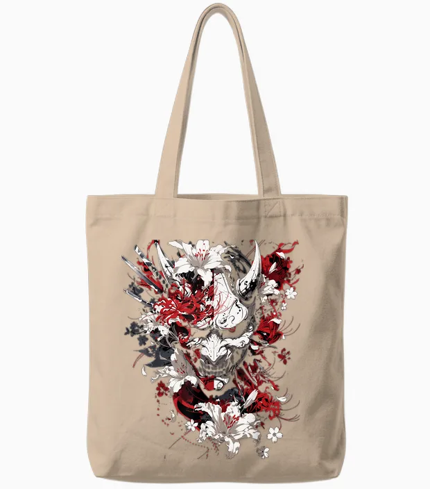 Heinze Design Japan Collection Anime Grunge Harajuku T-Shirt, Black, S, Half Sleeve, Unisex, Classic Fit, Anime Death Flower Oni Japanese Spider Lily Devil Tote Bags in Natural