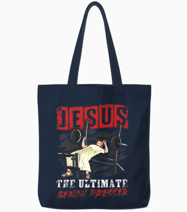 Jesus the Ultimate Bench Presser Tote Bags in Navy