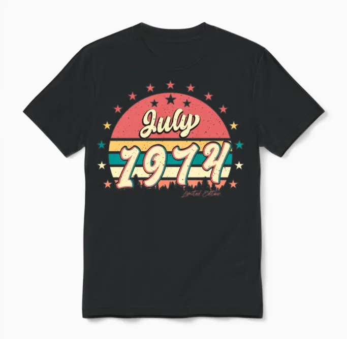 Vintage 1974 July Unisex T-Shirt in Black
