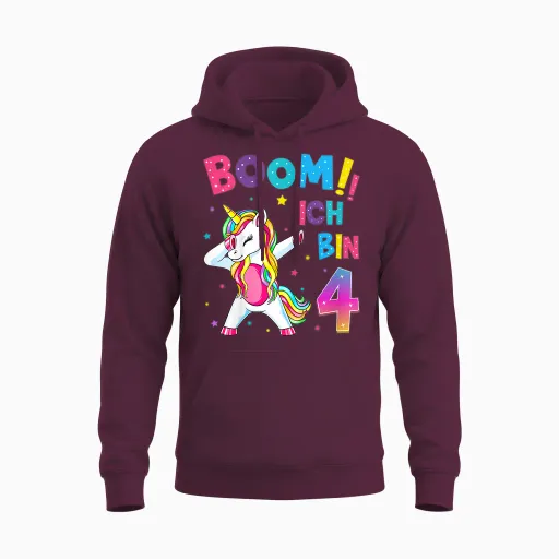 Children's 4th Birthday Girl 4 Years Dancing Funny Unicorn T-Shirt, Black Unisex Hoodie - Maroon