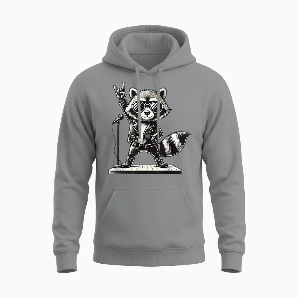 Rock Music & Rocker, Rock Hand, Kids & Boys, Funny Raccoon T-Shirt, Black, S Unisex Hoodie in Sport Grey