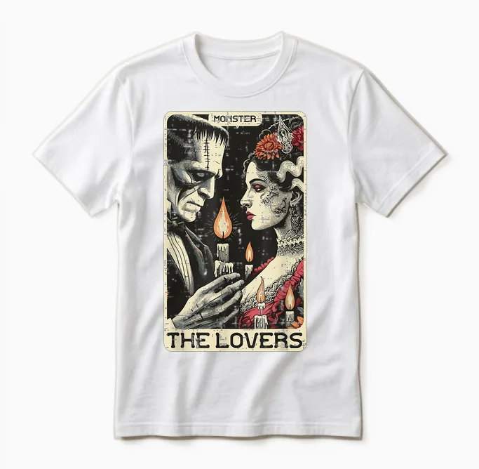 Halloween the Lovers Tarot Card Frankenstein Bride Men Women Unisex T-Shirt in White