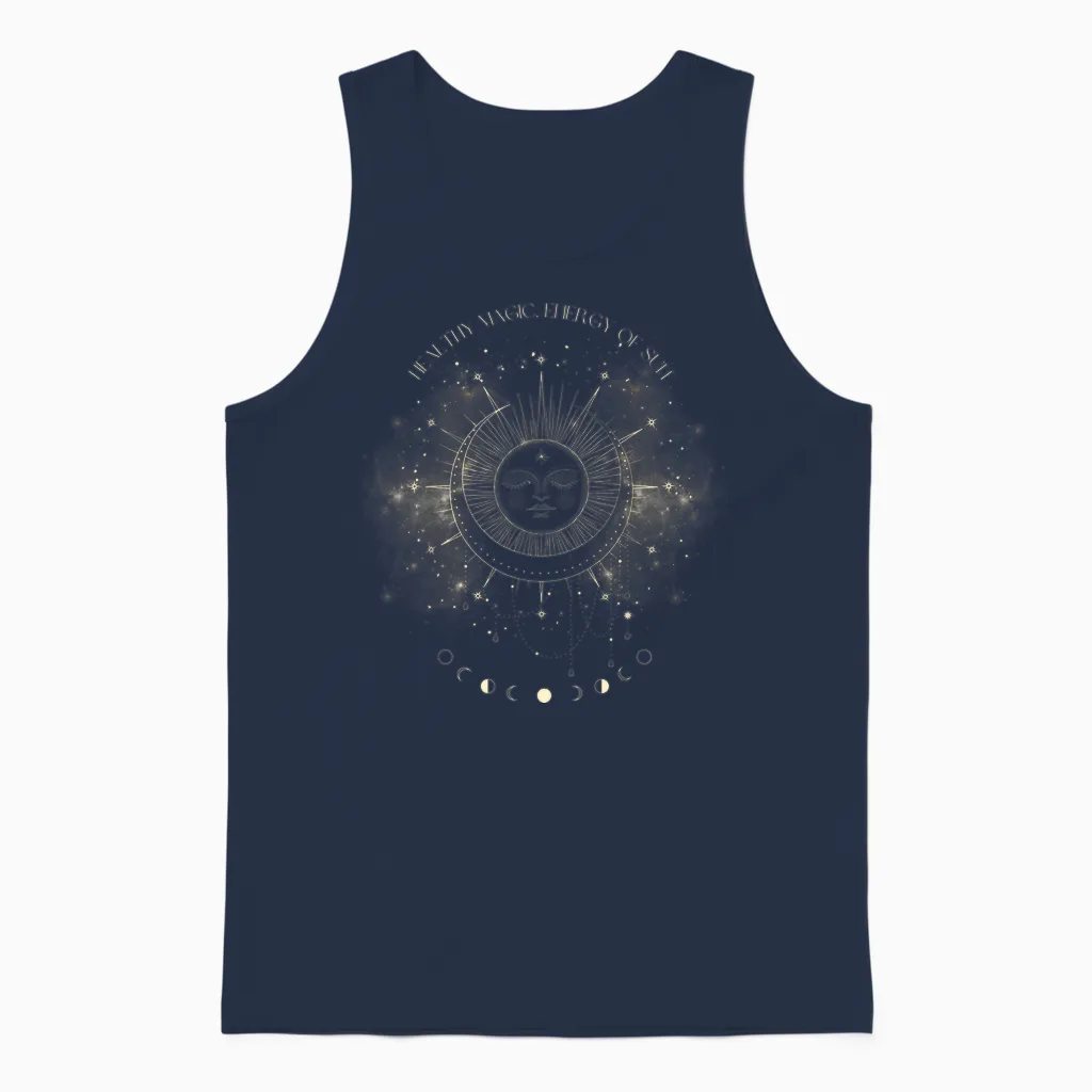 Magische Energie Der Sonne, Sterne & Mond Boho Graphic Unisex Tank Top in Navy