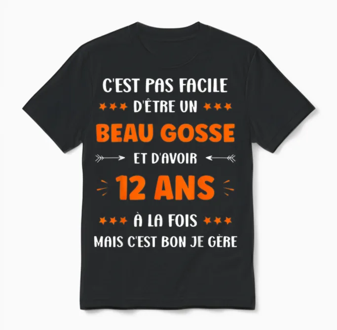 Funny Boy 12 Years Old Handsome Kid Birthday 12 Years T-Shirt, Black, S Unisex T-Shirt in Black